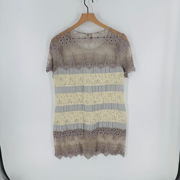 Sundance Lace Trim Tunic Top Size Small Taupe Cream Boho Romantic Crochet Blouse - Picture 2 of 7